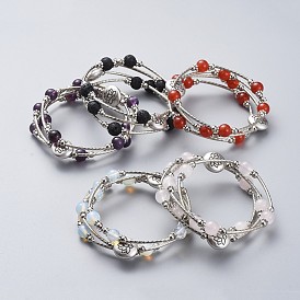 Three Loops Wrap Bracelets, with Gemstone Beads, Flat Round with Lotus Alloy Beads, Round Iron Spacer Beads, Brass Tube Beads and Burlap Bag