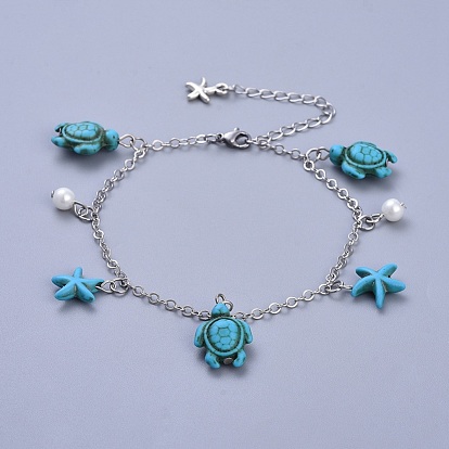 Brass Cable Chain Anklets, with Synthetic Turquoise, Glass Pearl and Tibetan Style Alloy Charms