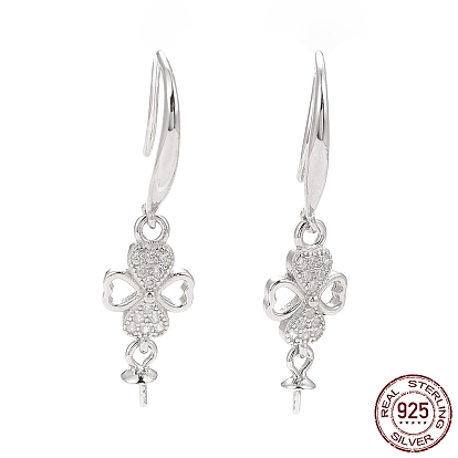 925 Sterling Silver Earring Hooks, with Clear Cubic Zirconia, Heart Clover, for Half Drilled Beads