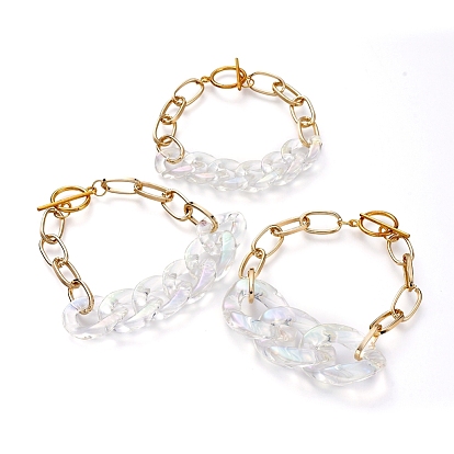 Ensembles de bracelets de chaîne, avec anneaux de liaison en acrylique transparent, chaînes de trombones en aluminium et fermoirs à bascule en alliage