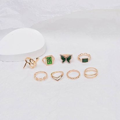 Personalized jewelry, snake-shaped green hollow eight-piece ring set, fashionable geometric square diamond butterfly letter ring