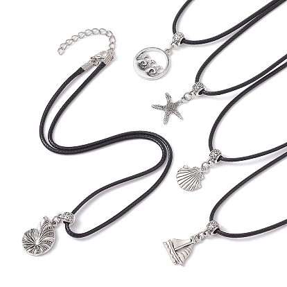 Collar con colgante de aleación con tema oceánico y cordones de piel sintética., plata antigua