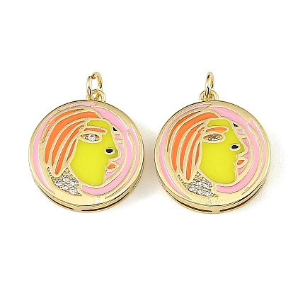 Brass Micro Pave Clear Cubic Zirconia Pendants, with Enamel, Flat Round with Human Face Charms, Real 18K Gold Plated