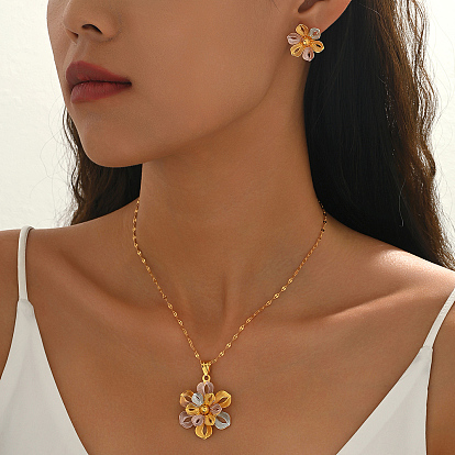 Комплекты из винтажных латунных серег-гвоздиков и ожерелий с подвесками в виде цветов для женщин