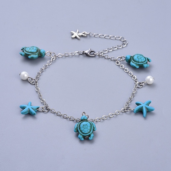 Brass Cable Chain Anklets, with Synthetic Turquoise, Glass Pearl and Tibetan Style Alloy Charms