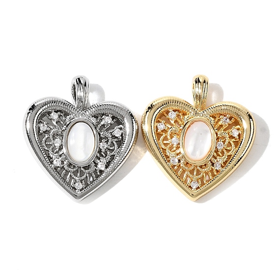 Натуральный белый оболочки подвески, подвески в форме сердца с латунными микропаве из прозрачных кубических цирконий