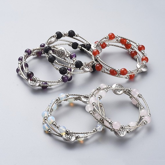 Three Loops Wrap Bracelets, with Gemstone Beads, Flat Round with Lotus Alloy Beads, Round Iron Spacer Beads, Brass Tube Beads and Burlap Bag