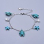 Brass Cable Chain Anklets, with Synthetic Turquoise, Glass Pearl and Tibetan Style Alloy Charms