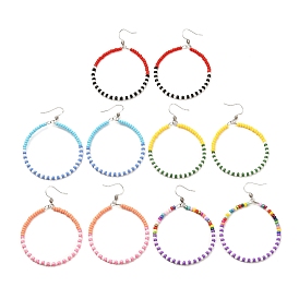 Colorful Glass Seed Beads Big Ring Dangle Earrings for Girl Women, 304 Stainless Steel Earring