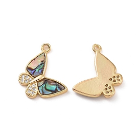 Natural Paua/Abalone Shell Pendants, Butterfly Charms, with Brass Micro Pave Clear Cubic Zirconia Findings