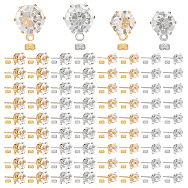 120шт 4 стиль железные серьги-гвоздики фурнитура, с прозрачным кубическим цирконием и горизонтальными петлями, плоско-круглые, с гайкой 120шт.