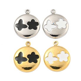 304 Stainless Steel Pendants, with Enamel, Flat Round with Butterfly & Flower Charms