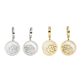 Flat Round with Rose 304 Stainless Steel Shell Dangle Earrings, Rhinestone Hoop Earrings for Women