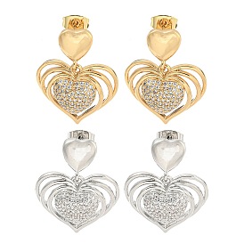 Heart Brass Pave Clear Cubic Zirconia Stud Earrings