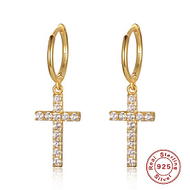Vintage Cross Earrings with Diamond, 925 Silver Ear Hooks for Women's Christmas Jewelry