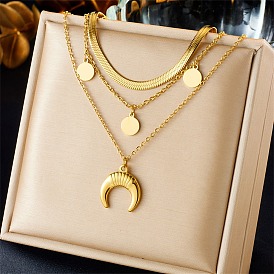304 Stainless Steel Cable & Flat Snake Chains 3 Layered Necklace, Double Horn & Flat Round Pendants Necklace