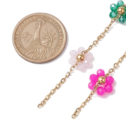Colorful Glass Beaded Flower Link Chains, with 304 Stainless Steel Cable Chains