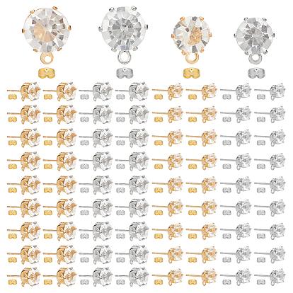 120шт 4 стиль железные серьги-гвоздики фурнитура, с прозрачным кубическим цирконием и горизонтальными петлями, плоско-круглые, с гайкой 120шт.