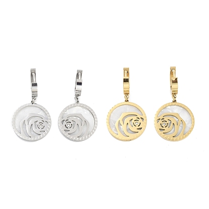 Left and Right Flat Round with Rose 304 Stainless Steel Shell Dangle Earrings, Rhinestone Hoop Earrings for Women