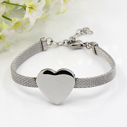 Valentines Gift for Girlfriend Women 304 Stainless Steel Mesh Bracelets, with Lobster Claw Clasps, Heart, 7-1/8 inch(180mm), 6mm