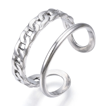 304 Stainless Steel Curb Chains Shape Open Cuff Ring, Double Line Chunky Ring for Men Women