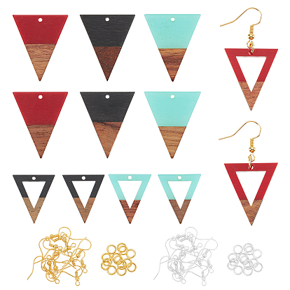 Kits de fabrication de boucles d'oreilles pendantes en bois de noyer, 24 pcs 6 couleurs triangle résine & pendentifs en bois de noyer, crochets et anneaux de saut en laiton