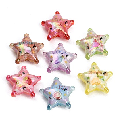 UV Plating Printed Transparent Acrylic Beads, Iridescent, Fruit Star