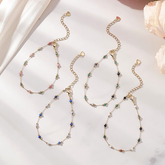 Браслеты ручной работы из бусин с драгоценными камнями и круглых звеньев из нержавеющей стали., с 316 из нержавеющей стали Lobster Claw застежками, золотые