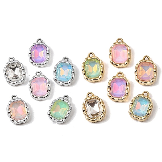 UV Plating Alloy Glass Pendants, Rectangle Charm, Faceted, Mixed Color