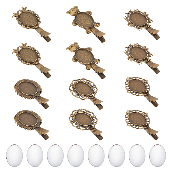 12 шт 6 стили винтажные железные заколки для волос из кожи аллигатора, с овальным безелем из сплава в форме кабошона, 20 шт. Прозрачные стеклянные кабошоны