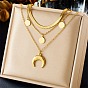 304 Stainless Steel Cable & Flat Snake Chains 3 Layered Necklace, Double Horn & Flat Round Pendants Necklace