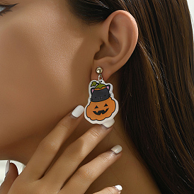 Boucles d'oreilles à tige en résine avec fantôme et citrouille amusants, cadeau de costume d'Halloween pour femme