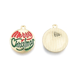 Alloy Enamel Pendants, Flat Round with Word Merry Christmas, Light Gold