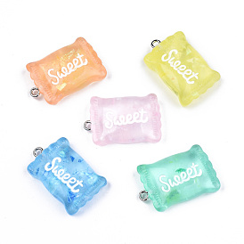 Transparent Resin Pendants, with Paillette & Platinum Tone Iron Peg Bail, Candy with Word Sweet