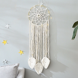 Woven Net/Web with Feather Cotton Macrame Wall Hanging, Handmade Woven Leaf Tassel for Home Bedroom Nursery Decoration