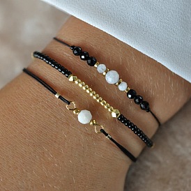 Natural Gemstone & Glass Beaded Braided Bead Bracelets, Waxed Cord Braided Bracelets for Women, Rondelle