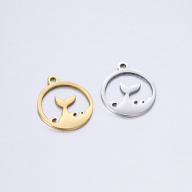 304 Stainless Steel Pendants, Flat Round with Mermaid Tail Charm