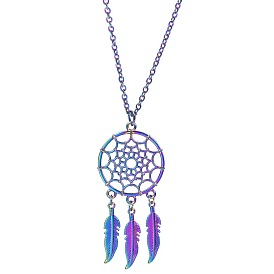 Rainbow Color Alloy Woven Net/Web with Feather Pendant Necklace for Women