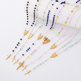 Colliers de chapelets vintage en résine, 304 Colliers pendentifs croix religieuse en acier inoxydable pour femmes, or