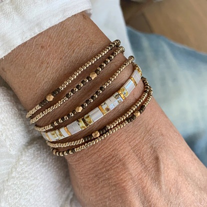 Glass Beaded Stretch Bracelet Sets, with Slider Bracelets, Adjustable Stackable, Golden
