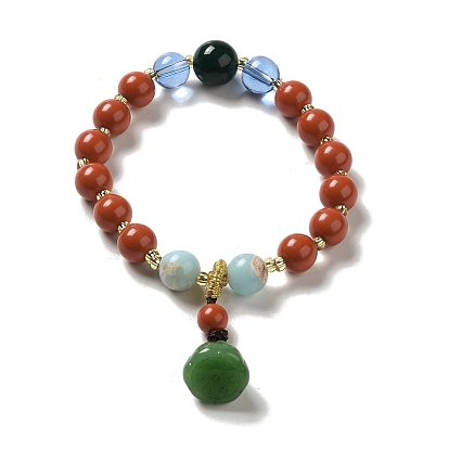 Cinnabar & Sandalwood Beaded Stretch Bracelets with Glass Lotus Pod Charms