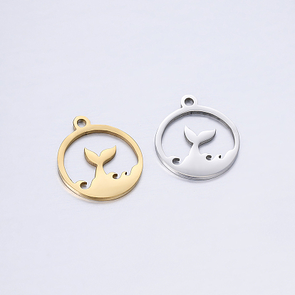304 Stainless Steel Pendants, Flat Round with Mermaid Tail Charm