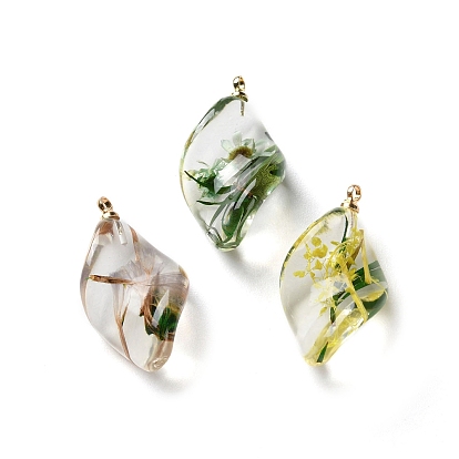Подвески из прозрачной смолы с сухоцветами, с латунной найти, лист прелести