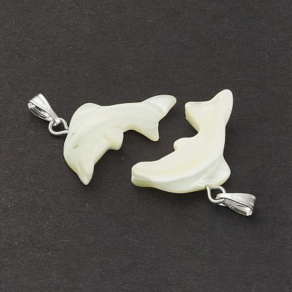 Natural Trochid Shell/Trochus Shell Pendants, Dolphin Charms, with Platinum Tone Iron Findings