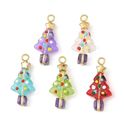Handmade Bumpy Baking Paint Glass Pendants, Christmas Trees Chamrs, with Glass & CCB Plastic Beads & Iron Loop