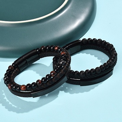 Браслеты из натуральных драгоценных камней и круглых стеклянных бусин, многорядные браслеты из искусственной кожи для мужчин и женщин, с 304 из нержавеющей стали магнитные застежки