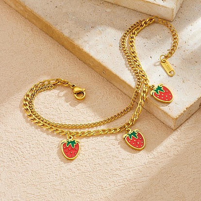 304 Stainless Steel Enamel Red Strawberry Charm 2-Strand Bracelets for Women
