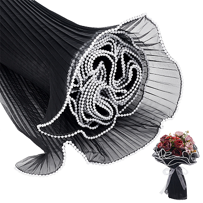 9.5~10M Polyester Pleated Lace Trim, Ruffled Lace Ribbon with Plastic Pearl Edge, for Bouquet Wrapping, Gift Decoration