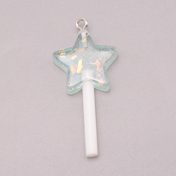 Resin Pendants, with Platinum Tone Iron Loop and Paillette/Sequins, Plastic Handle, Star Lollipop