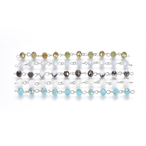 Handmade Faceted Electroplate Glass Beaded Chains, Unwelded, with Platinum Tone Iron Eye Pin